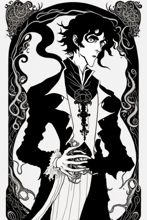 black haired young man necromancer wizard with gothic jewelry and tentacle fingers in the style of Aubrey Beardsley