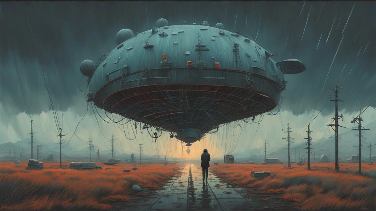 Strange surreal world, science fiction painting, Simon Stålenhag, Denis Sarazhin, ominous sky, Alex Colville, Alejandro Burdisio, Romain Trystram, RAW, gritty atmospheres, sinister surrealism, dark pop surrealism, neon techno-gothic punk, analog horror CRT, scan lines