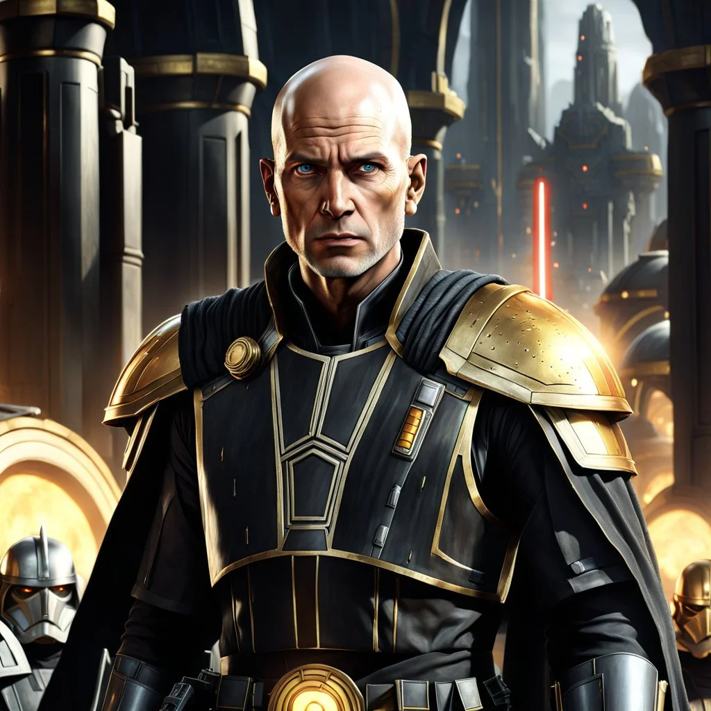 star wars bald male corellian jedi pilot wearing black and gunmetal grey old republic armored robes with gold trim, alone, battle-ready Jedi Master defending a ruined ancient city surrounded by golden light, centered head and shoulders portrait, hyperdetailed, dynamic lighting, hyperdetailed background, 8k resolution, volumetric lighting, light skin, fully symmetric details