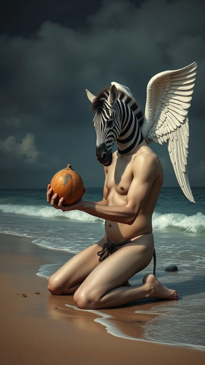 Charon on his knees on the shore holding coconut wearing crying angel zebra holding his head