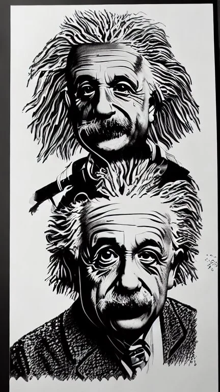 Albert Einstein, detailed and intricate calligraphy ink painting of a "cyborg Mad Scientist" holding beakers, outer space Background cosmic fractals, dystopian, concept art, unreal engine 5, god rays, ray tracing, RTX, lumen lighting, ultra detail, volumetric lighting, 3d, finely drawn, high definition, high resolution. award-winning: professional portrait: atmospheric: commanding: fantastical: clarity: 16k: ultra quality: striking: brilliance: stunning colors: amazing depth: masterfully crafted