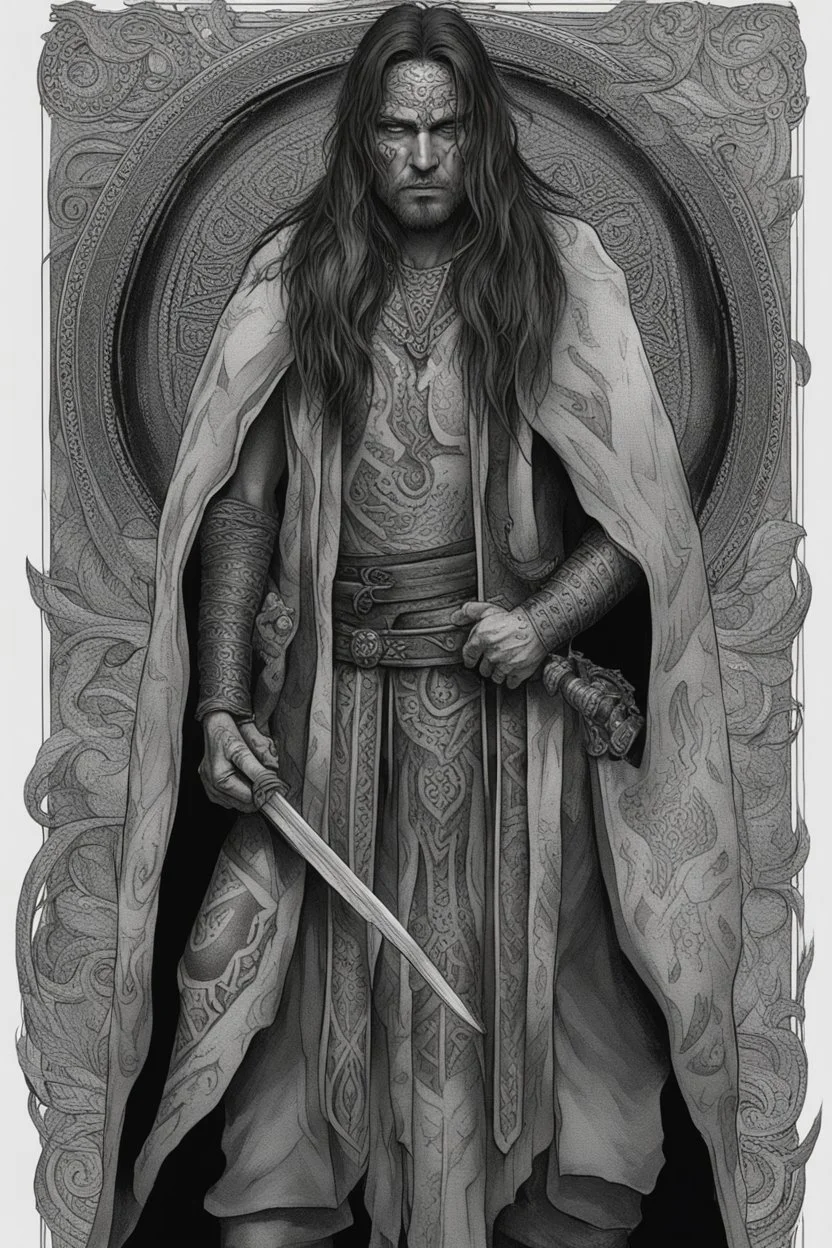 long haired warrior with tribal tattoos and cloak