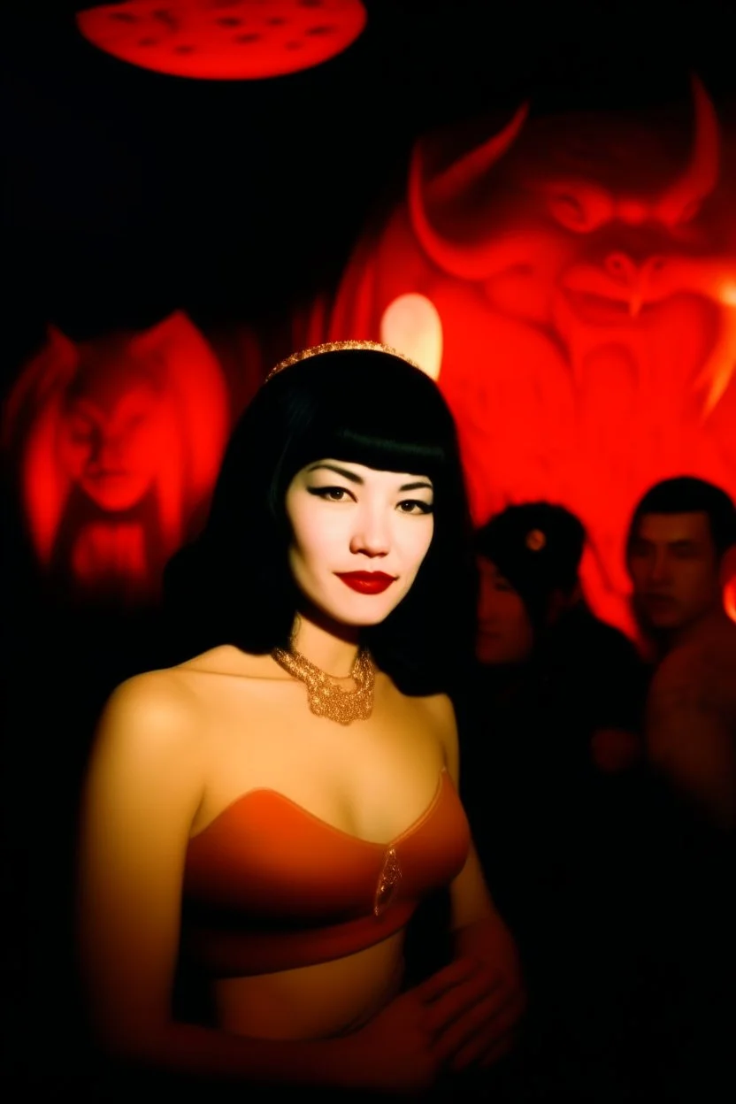 Betty Page and demonds, art from japanese style 1980 movie. Heavy metal arcade. perfect lighting, leica summicron 35mm f2.0, kodak portra 400, film grain. hangover post party, wasted, closeup. fog. mist.