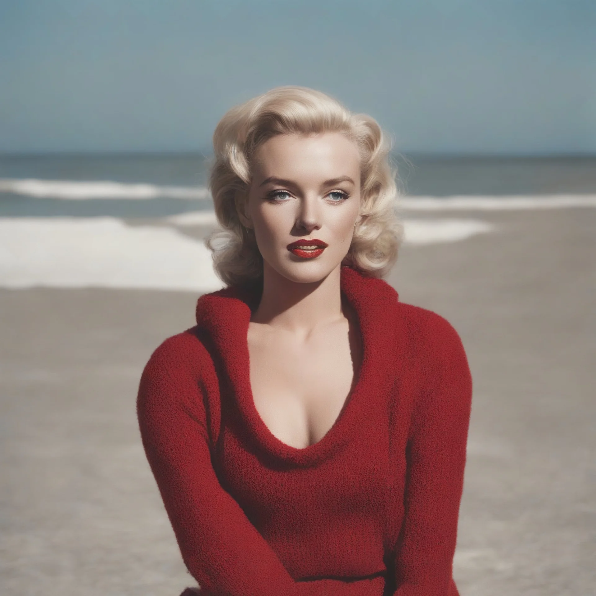 Marilyn monroe with pony tails, in a large red woollen sweater, on the beach, in the sun