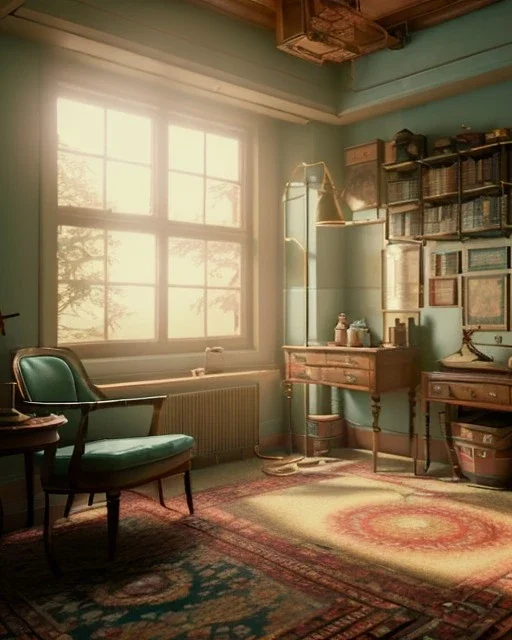 Room scene, Wes Anderson style, aligator, concept art, smooth, unreal engine 5, god lights, ray tracing, RTX, lumen lighting, ultra detail, volumetric lighting, 3d.