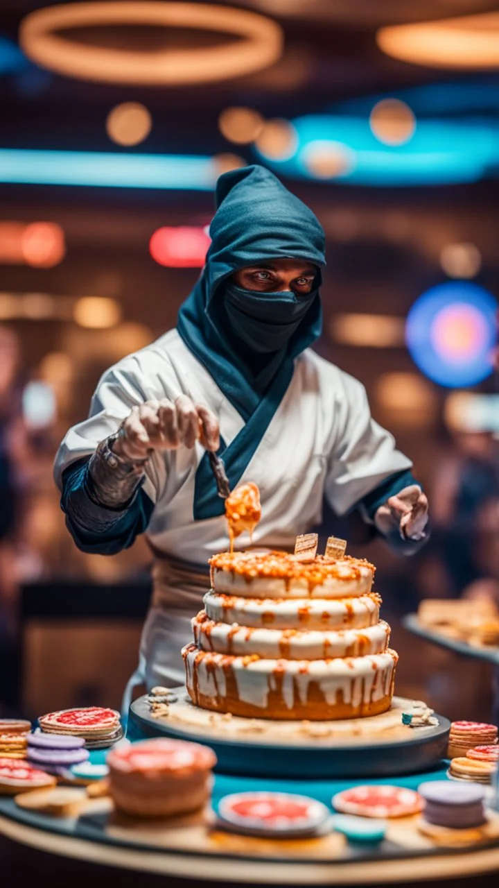 portrait of wilderness ninja baking the highest advanced art cake sculpture during a casino game show, bokeh like f/0.8, tilt-shift lens 8k, high detail, smooth render, down-light, unreal engine, prize winning