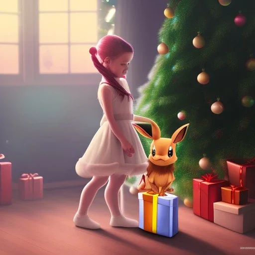 young girl with an eevee Pokémon in front of Christmas tree, realistic, 35mm