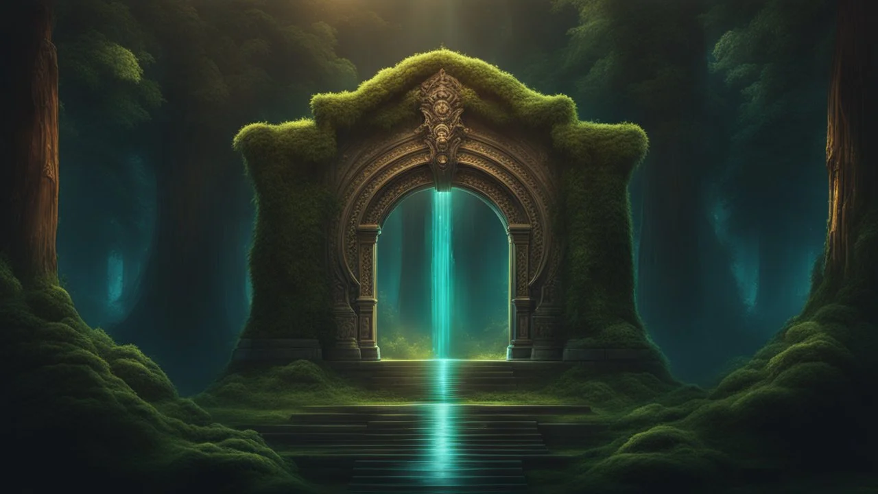 an ancient magical gate to another world. Inside the darkness in the portal is a beautiful forest, cinematic lighting, hyper realisme, Hyperrealistic, splash art, concept art, mid shot, intricately detailed, color depth, dramatic, 2/3 face angle, side light, colorful background