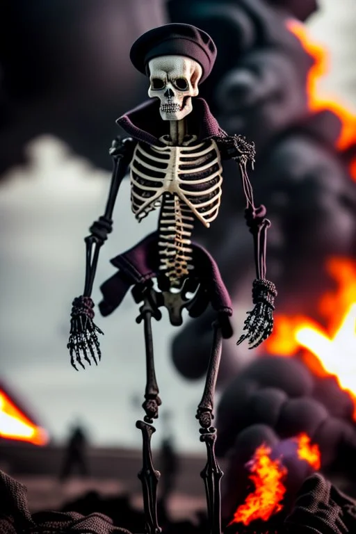 ultra high definition image of an attractive but scary looking skeleton, rising from the ashes, a war veteran, partially humanlike characteristics, army beret and ripped amo wear, very detailed, chaotic background, dramatic close-up action shot of him on a burned out war tanker with a torpedo on shoulder ready to fire and ammo ,gothic and dark theme, 12k