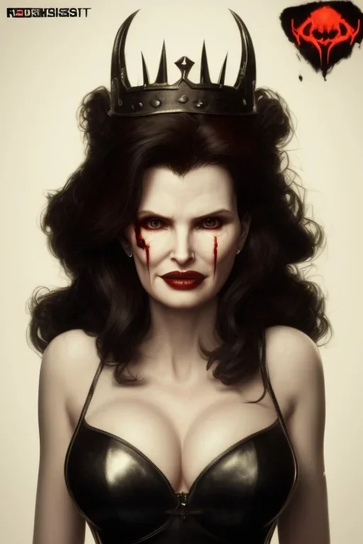 Geena Davis as evil queen in black leather, leather, busty, cleavage, angry, rage, stern look. character design by cory loftis, fenghua zhong, ryohei hase, ismail inceoglu and ruan jia. unreal engine 5, artistic lighting, highly detailed, photorealistic, fantasy