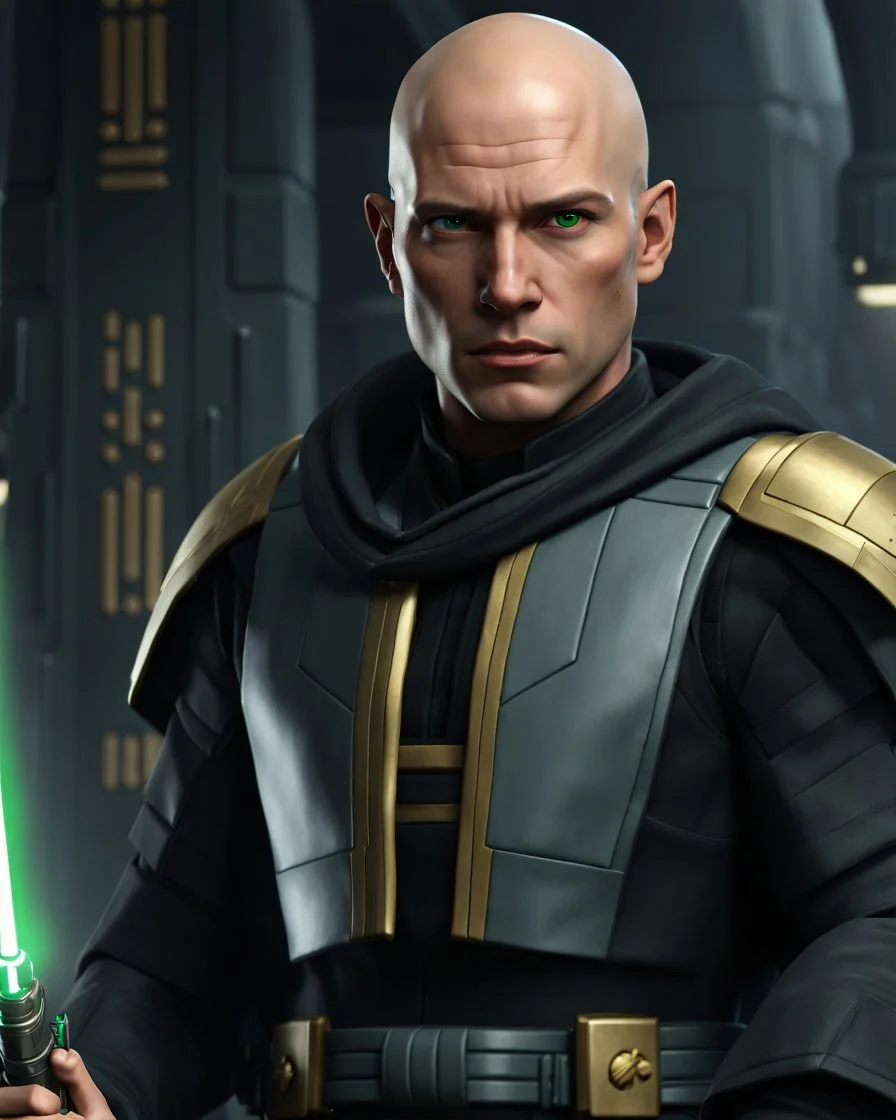 star wars bald male corellian jedi pilot wearing black and gunmetal grey old republic armored robes with gold trim inside the jedi temple holding a lightsaber with viridian green blade in left hand, centered head and shoulders portrait, hyperdetailed, dynamic lighting, hyperdetailed background, 8k resolution, volumetric lighting, light skin, fully symmetric details