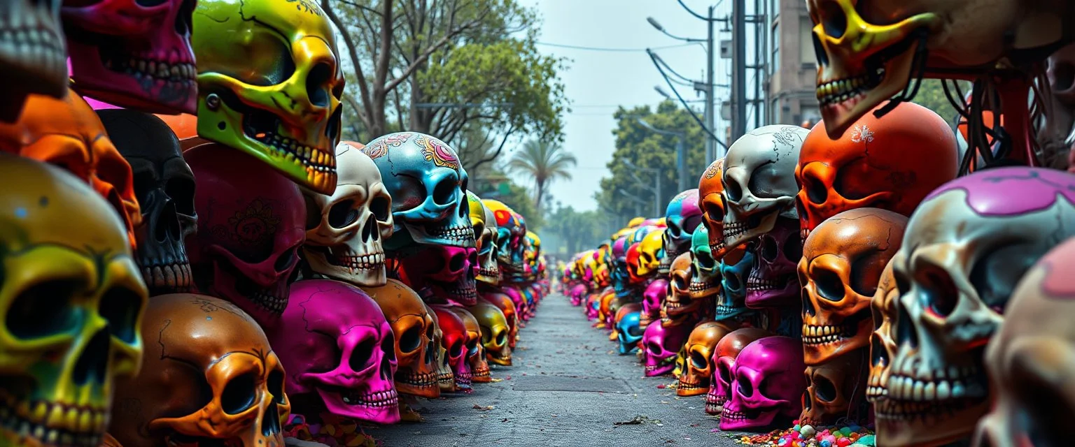 a field of skulls, multi colored, bright, vivid, psychedelic, high detailed, high gloss, insanly detailed, matte, horrorcore, lining the street, unsettling contrast