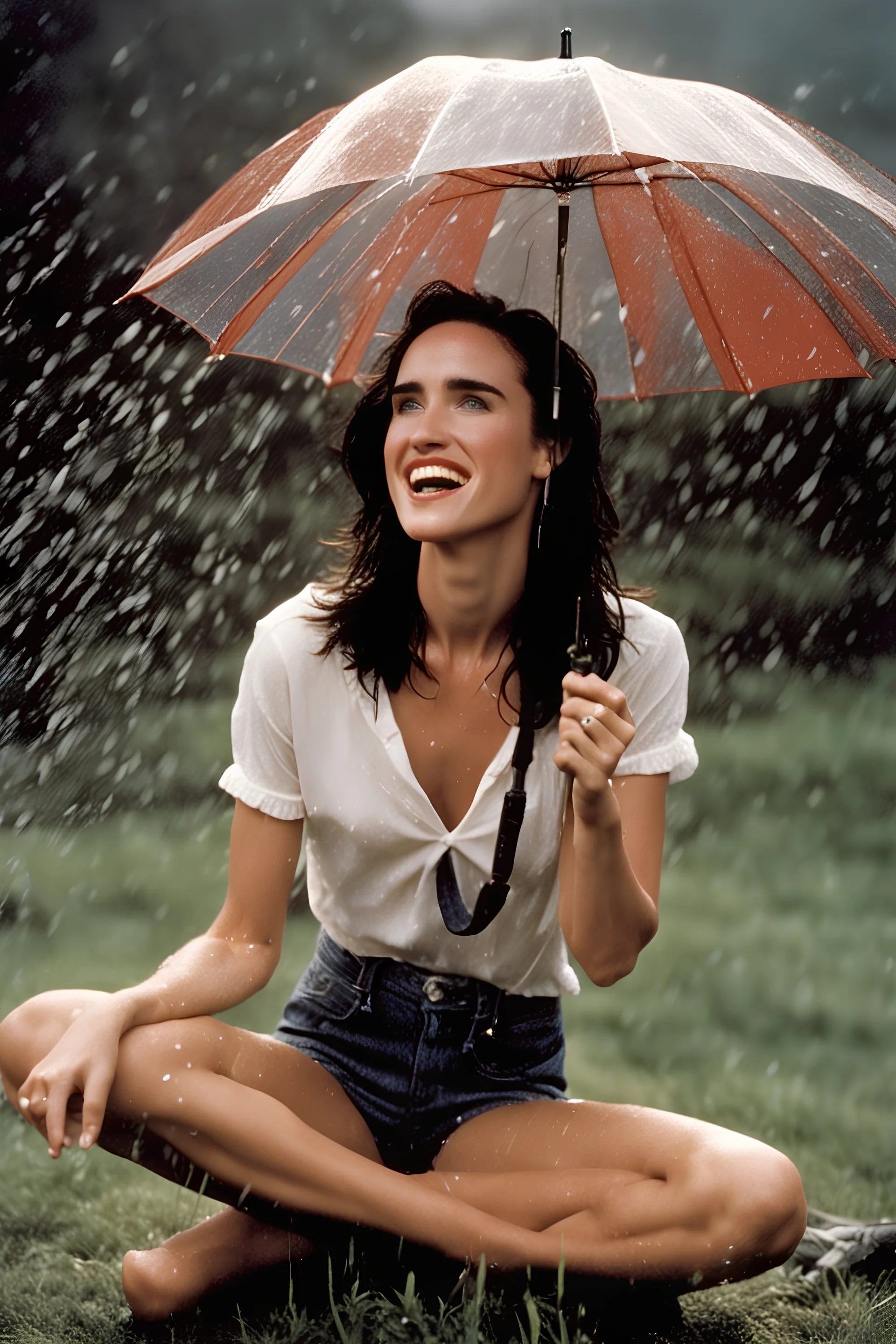 Beautiful 25 year-old Jennifer Connelly is standing outside in a rain shower, smiling, with no rain-coat, umbrella, or hat on, with her head tilted up toward the sky, her tongue sticking out and catching raindrops, as if reliving a pleasant childhood memory.