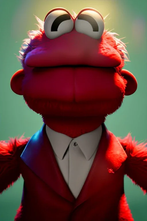 Waist up muppet Portrait, Kim Jong-un muppet doll, black suit, photo studio, red background, unreal engine 5, concept art, art station, ray tracing, lumen lighting, ultra detail, volumetric lighting, 3d.