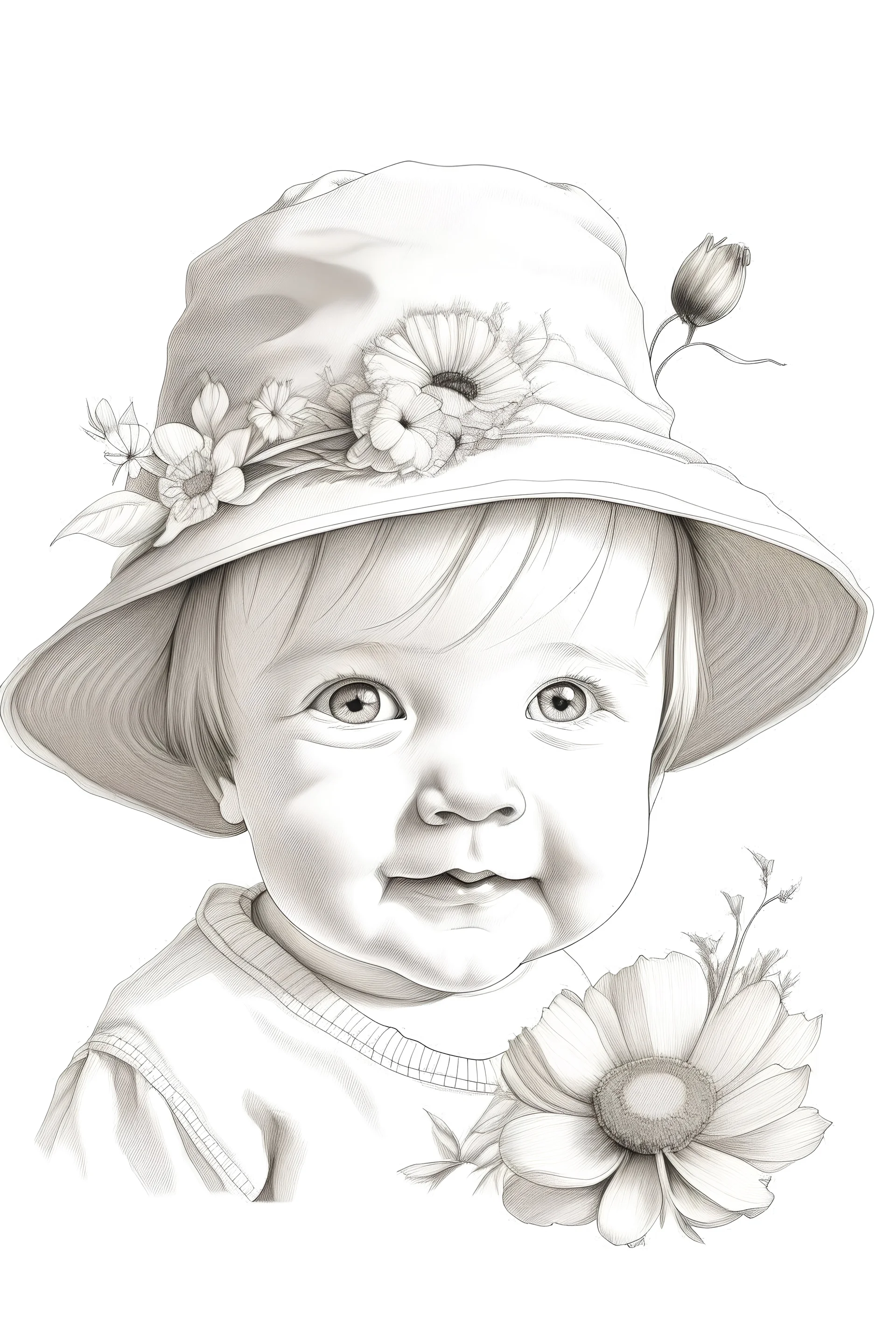 Draw a pencil sketch with white background of a charming baby wearing a flower hat on his head