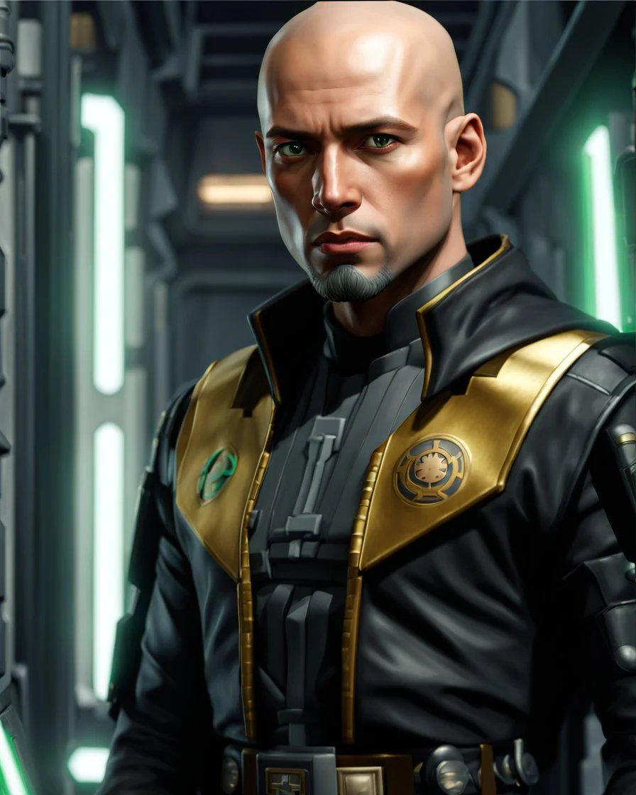 star wars bald male corellian jedi pilot wearing black and gunmetal grey old republic armored robes with gold trim inside the jedi temple holding a lightsaber with viridian green blade in left hand, centered head and shoulders portrait, hyperdetailed, dynamic lighting, hyperdetailed background, 8k resolution, volumetric lighting, light skin, fully symmetric details