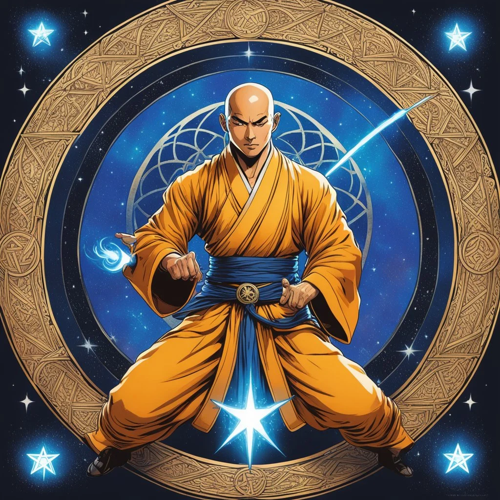(in the style of Orion, by Masamune Shirow) a Shaolin monk casting a magic spell in the middle of a pentacle, magic is in the air