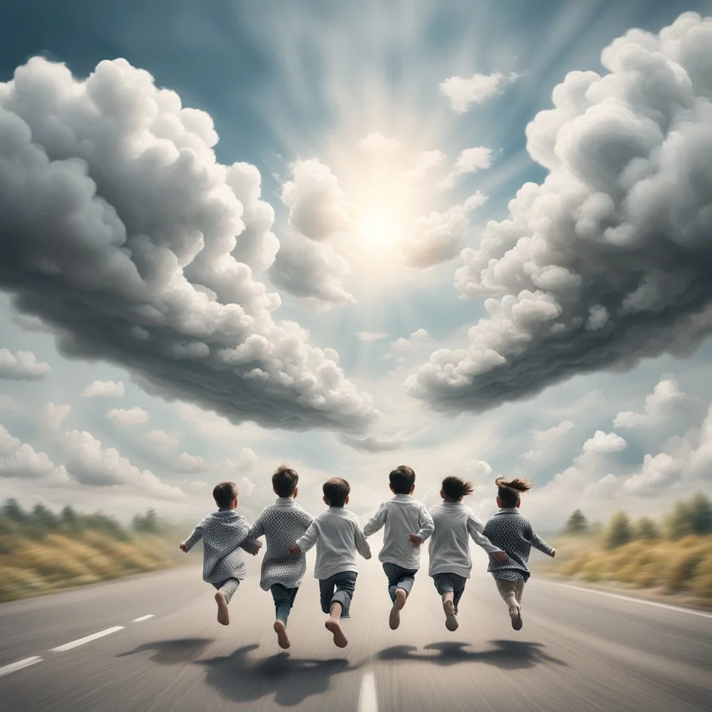 Hyper Realistic Aerial Back View Of 16 Children (Male Female Both Children Wearing Keffiyeh Fabric Whirling) Happily Running On Cloudy Road Towards Heaven On Sky With White Clouds Around The Children At Cloudy-Day Environment Showing Dramatic & Cinematic Ambiance.