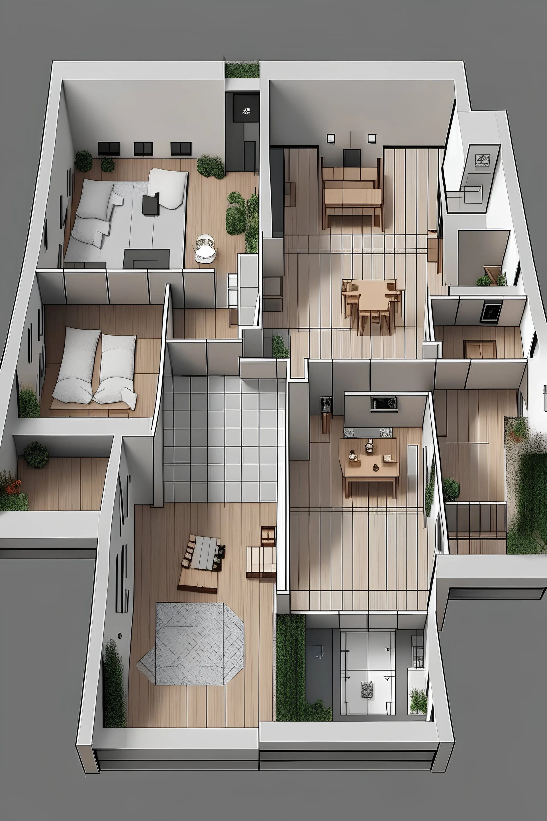 Plano minidepartamento estilo nórdico. El área total es 120 metros cuadrados, habrá un área fuera del minidepartamento, ahí habrá un baño y pequeña zona de lavandería. El minidepartamento tendrá dos habitaciones, un baño, cocina, comedor, sala (espacio abierto) y balcón.