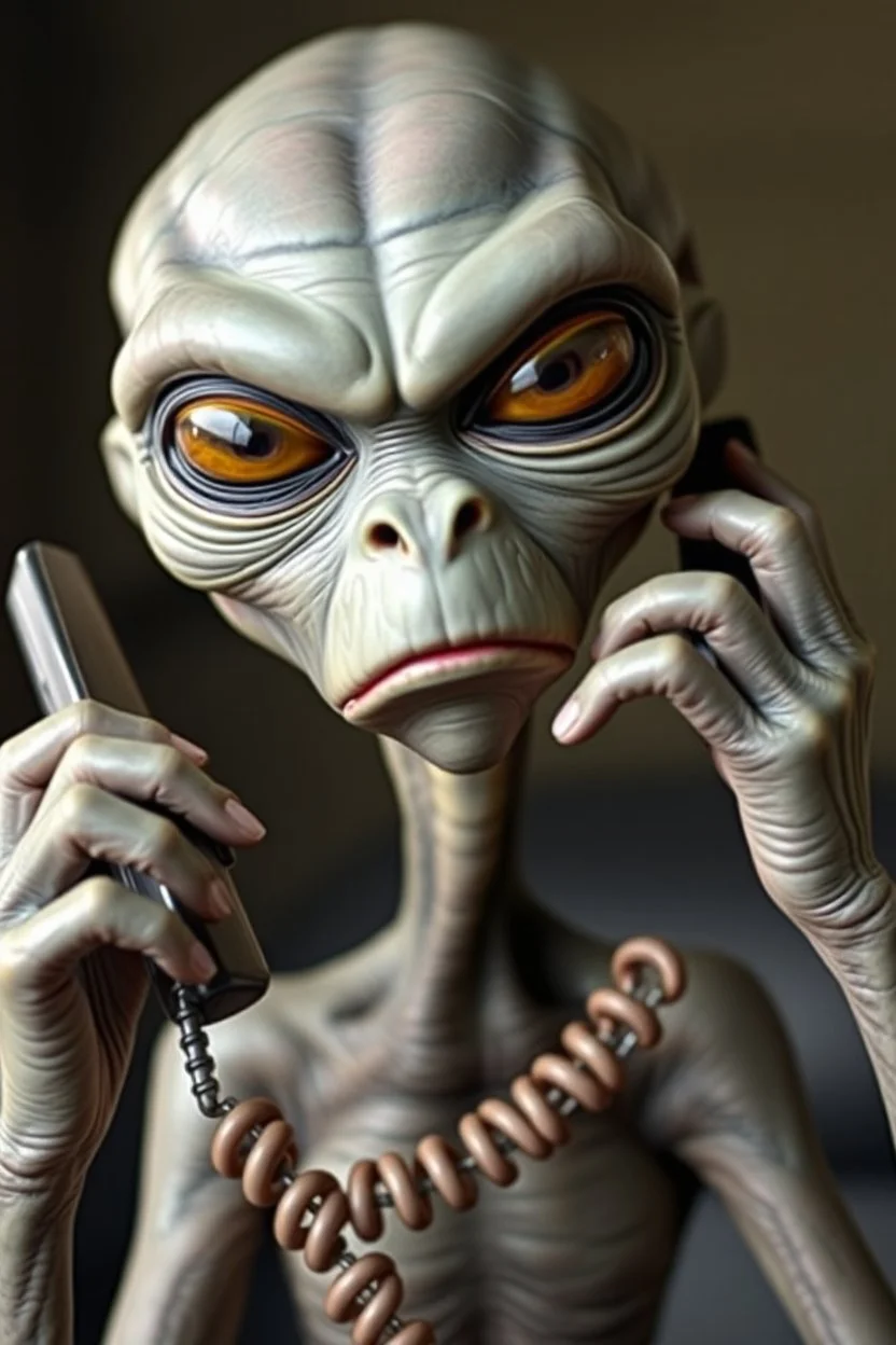 lifelike grey alien angrily talking on the phone