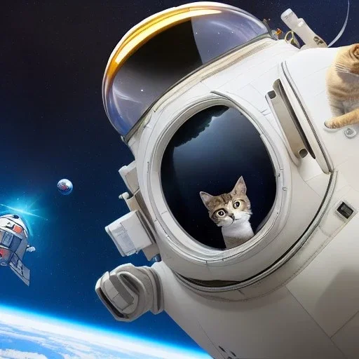 hyper-realistic astronaut floating inside spaceship with a sitting cat looking up at astronaut, 8k resolution, high-quality, fine-detail, detailed matte, intricate, 3D octane render, illustration, digital art, brian froud, howard lyon, anna dittman, greg rutowski,