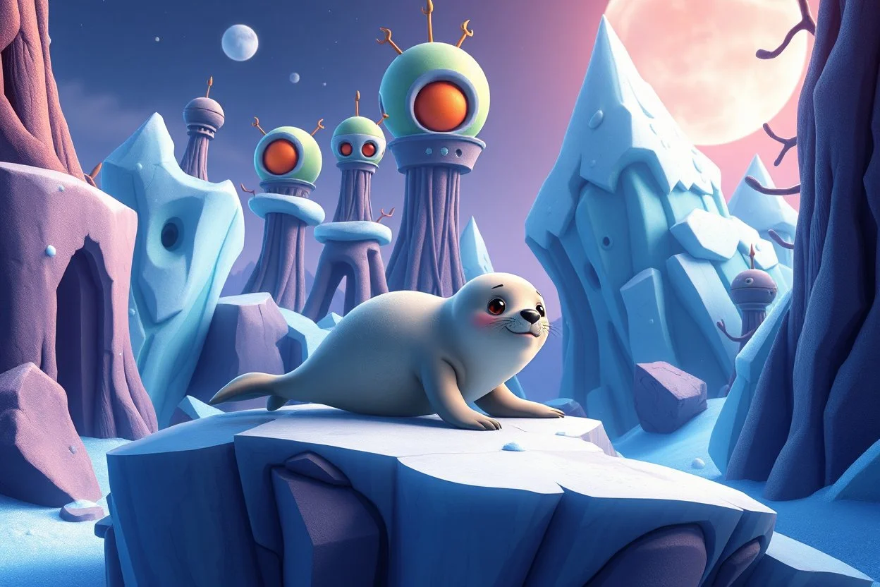 seal character crawling through 2d platformer with frozen artic jungle with weird alien towers gets torn apart under him, in the style of Pixar, expertly crafted in a whimsical and vibrant cartoon style. is masterfully rendered in a lifelike 3D design, which captivates viewers with there irresistible charm.