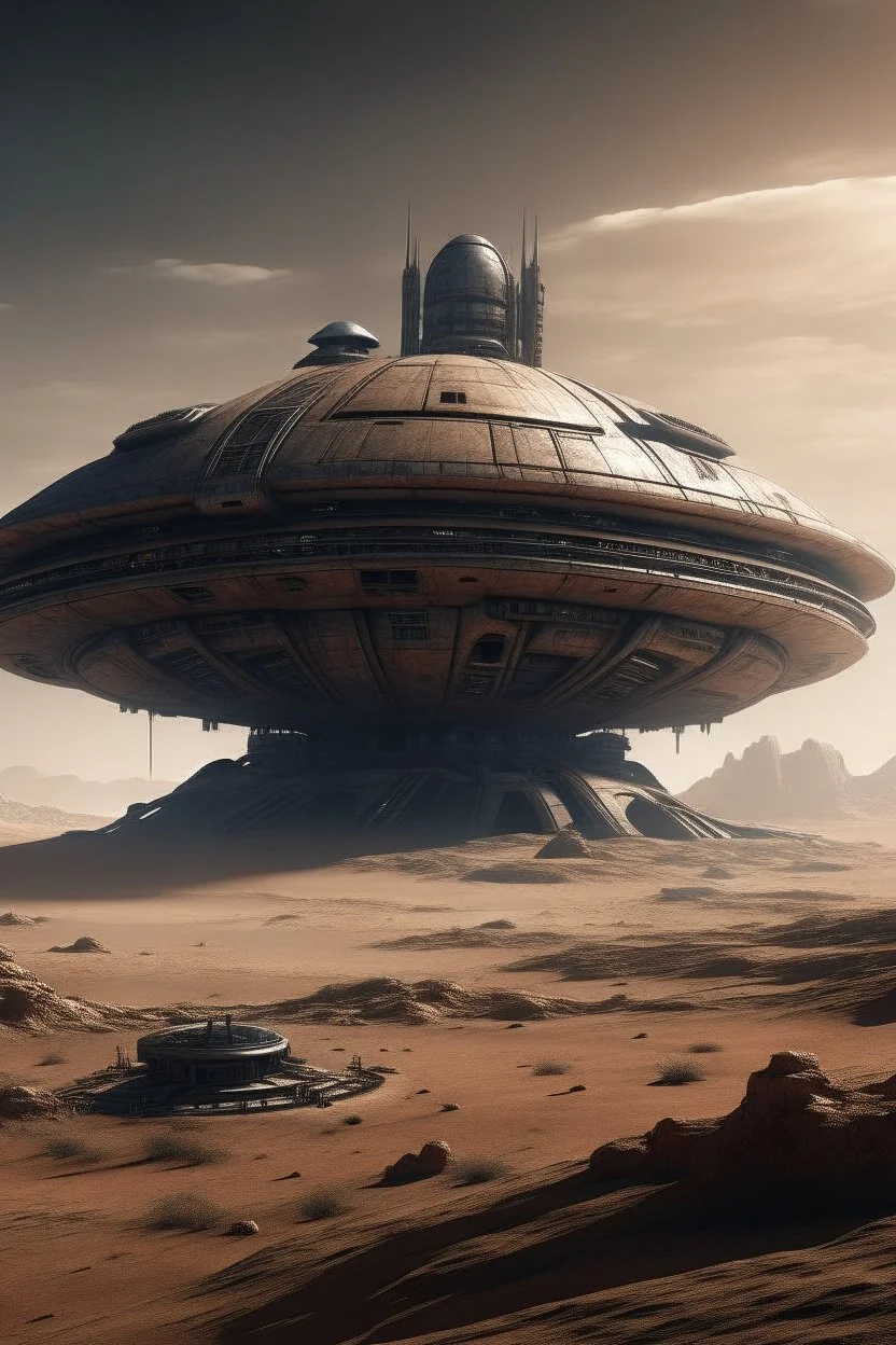 A sleek Spaceship landing in a ruined alien desert city