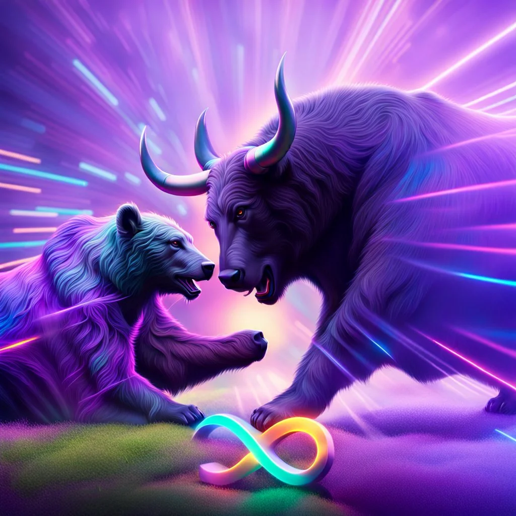 brightly coloured 3D infinity symbol ∞, bull on right beating a bear on left in a fight, DSLR with a 80mm lens, set to f/16 and a slow shutter speed of 1/15s, striking, neon, vibrant, chiaroscuro, dramatic, captivating, high-tech, powerful, fantasy, beautiful, octane render, 16k post-production, artstation: award-winning: atmospheric: commanding: fantastical: clarity: ultra quality: striking: brilliance: stunning colors: amazing depth; lens: f/11, 35mm