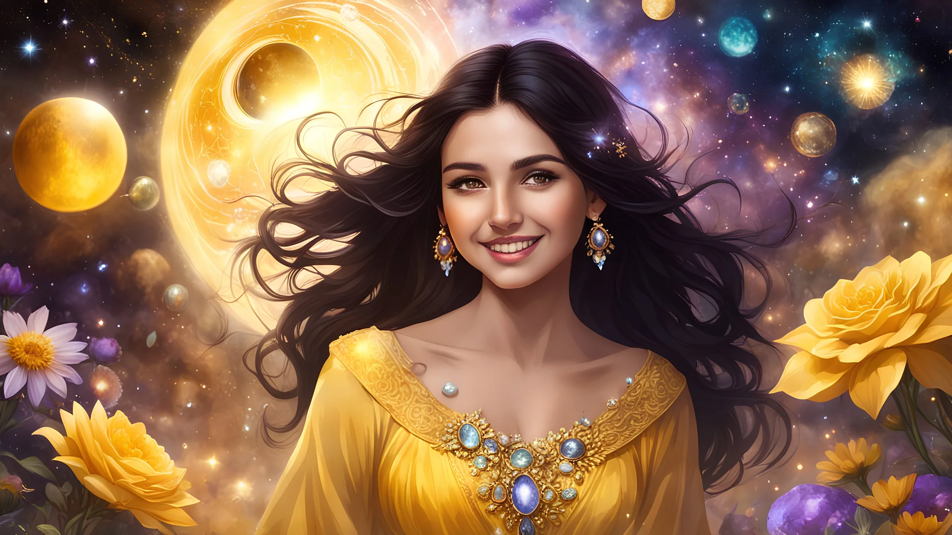 a beautiful dark haired girl with brown eyes, wearing a yellow dress, surrounded by celestial bodies, stones and jewels. magic environment with light, nebulas and many colored flowers. Warm smile on her face