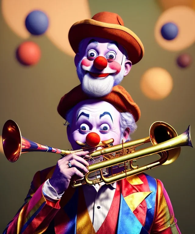 happy and funny old friendly clown with round head and trimmed beard playing jazz with a steampunk theme, trumpet on mouth, carnival, dreamy