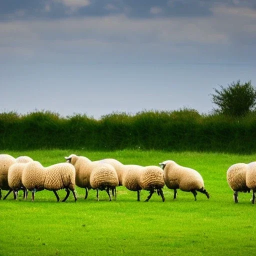 sheep grazing in a field with a few fences