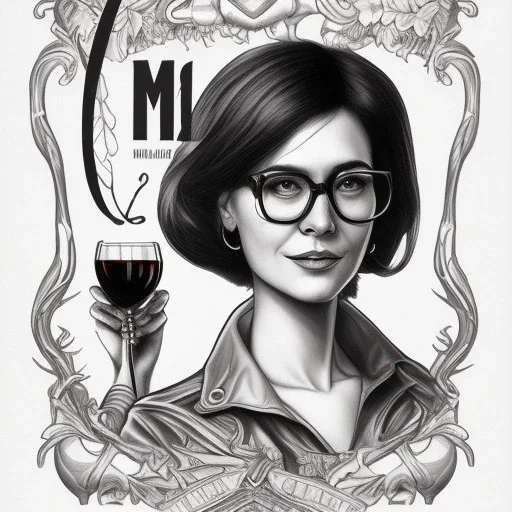 Label of red wine. A lady in her 40 with long har and eyes glasses, and her male colleague with short hair, with muscles and he hasn't got glasses- drinking fresh red wine with smiles. simple funny sketch in pencil