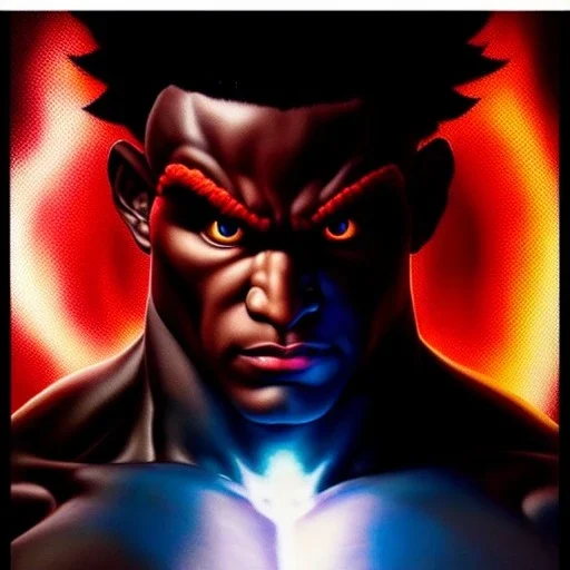 Ultra detailed fullbody Portrait in oil on canvas of Street Fighter- Akuma,extremely detailed digital painting,ultrarealistic skin,intense stare, extremely detailed face, crystal clear eyes, mystical colors ,perfectly centered image, perfect composition, rim light, beautiful lighting,masterpiece ,8k, stunning scene, raytracing, anatomically correct, in the style of Simon Bisley and Ohrai Noriyoshi and robert e howard and Steve Jung and frank frazetta.