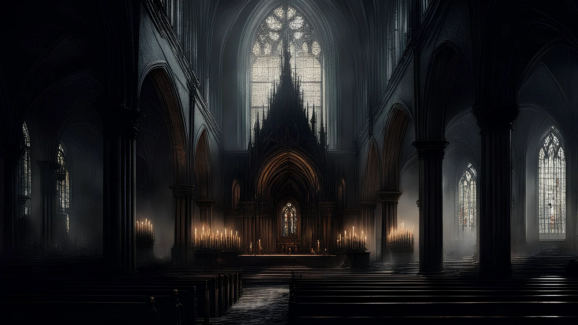 gloomy church full of angry people, disorder, candles along the walls, post-apocalypse, thick black pencil, Raymond Swanland & Alyssa Monks & Anna Razumovskaya