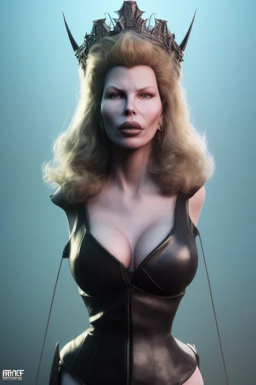 Kim Basinger as evil queen in black leather, busty, cleavage, curvy, angry, happy, stern look. character design by cory loftis, fenghua zhong, ryohei hase, ismail inceoglu and ruan jia. unreal engine 5, artistic lighting, highly detailed, photorealistic, fantasy