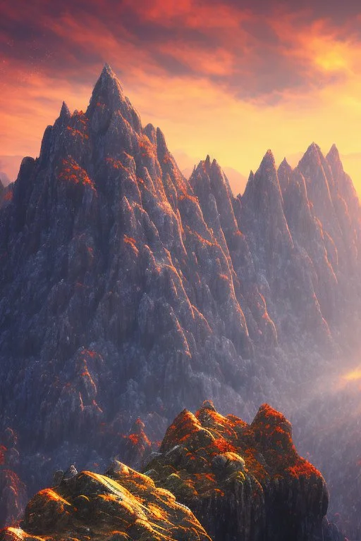 big rock mountains with and orange dawn sky with no clouds close montains anime style