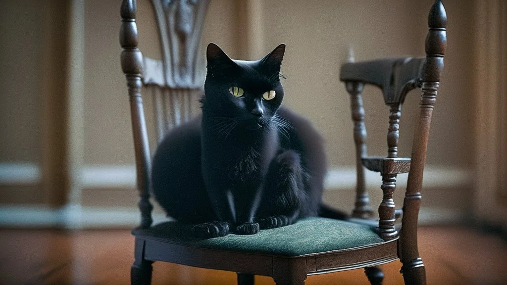 A black cat sitting on a chair in a room.