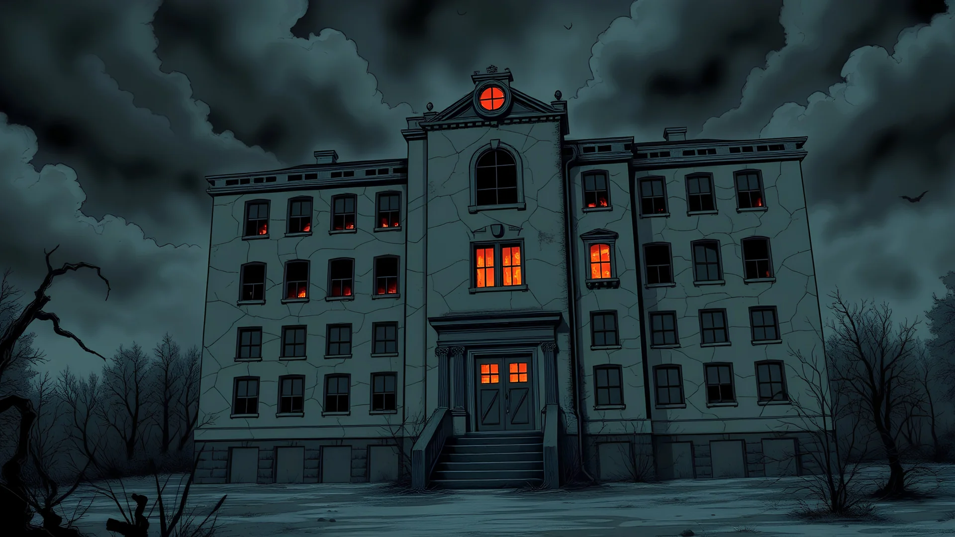 The abandoned hospital, now shown with a sinister, almost sentient presence. The building seems to pulse with a dark energy, as if watching and waiting. The windows appear as hollow eyes, and the cracked walls twist in unnatural ways. The scene is filled with a sense of malevolence, as if the hospital itself is alive. The comic-gothic style enhances this with exaggerated, almost surreal details, deep shadows, and an overall feeling of dread.