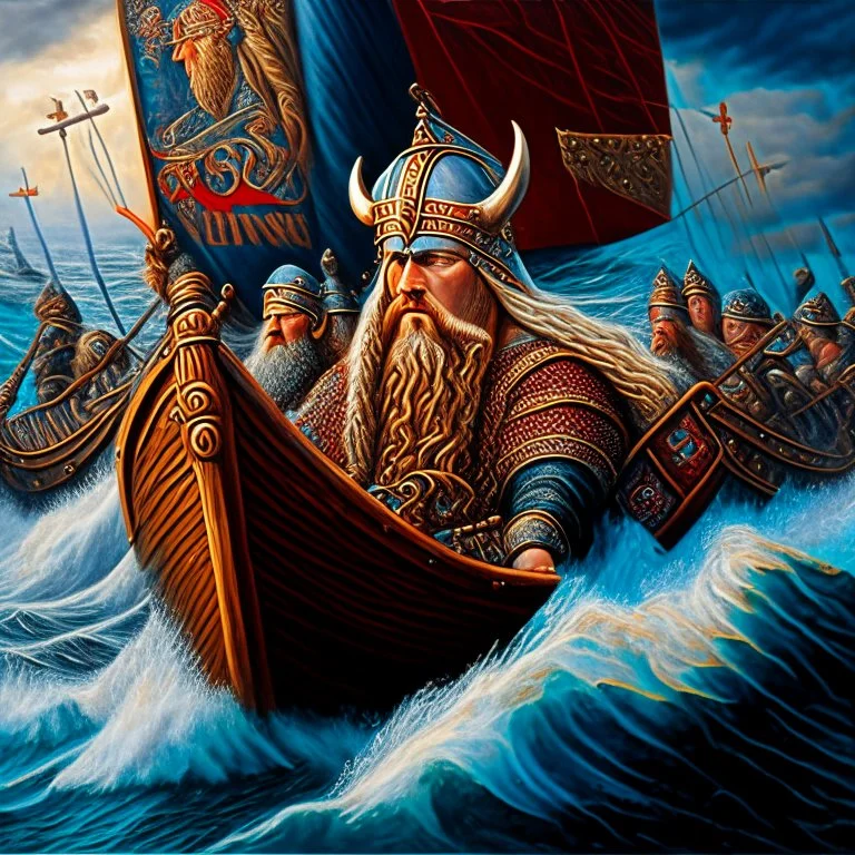 Rey Vikingo navegando en el mar con sus soldados clima cálido obra de arte intrincado hiperdetallado arte renacentista pintura al oleo colores contrastantes 8k