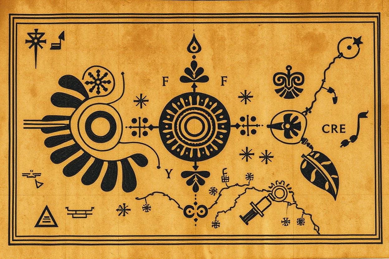 a scan of an ancient Cree Anishinaabe map, hand drawn been stained and weathered, Cree Syllabic symbols