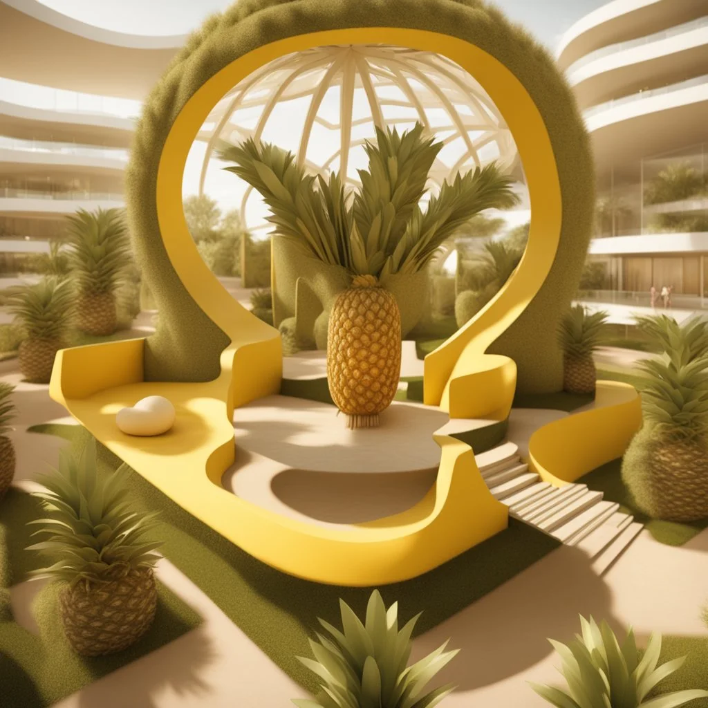 A tourist resort in the shape of a pineapple, interior design, sectiA tourist resort in the shape of a pineapple, interior design, facadeon