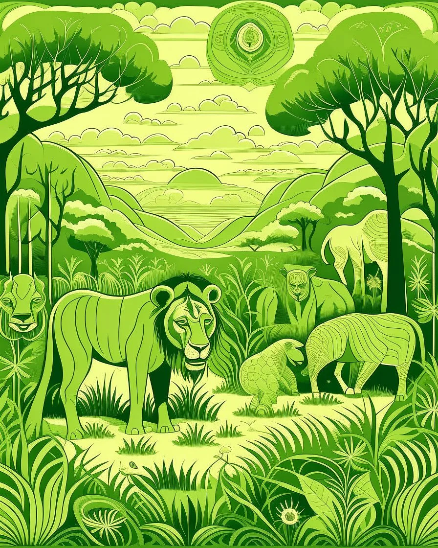 A light green savanna with animals with tribal masks