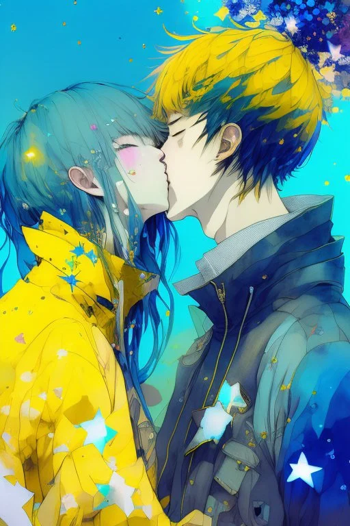 portrait anime man kissing man, ,yellow, stars hearts water, blue, watercolor, Yoshikata Amano, Edwin Landseer, Ismail Inceoglu, Russ Mills, Victo Ngai, Bella Kotak, hyperdetailed 8K resolution HDR DSLR, ultra detailed, ultra quality, CGSociety, intricately detailed, color depth, gliter, kiss