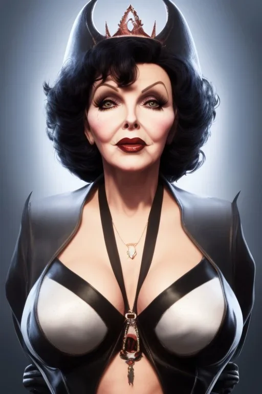 Joan Collins as evil queen in black leather, leather, busty, cleavage, angry, stern look. character design by cory loftis, fenghua zhong, ryohei hase, ismail inceoglu and ruan jia. unreal engine 5, artistic lighting, highly detailed, photorealistic, fantasy