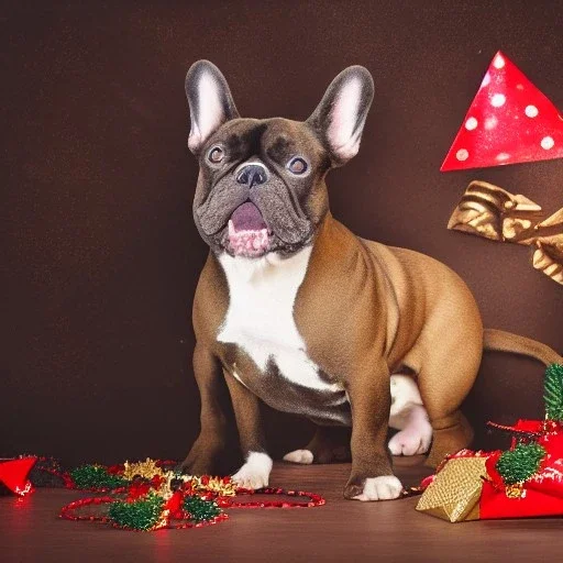 Portrait of a happy french bulldog with brown fur celebrating new year and christmas and whishing all the best