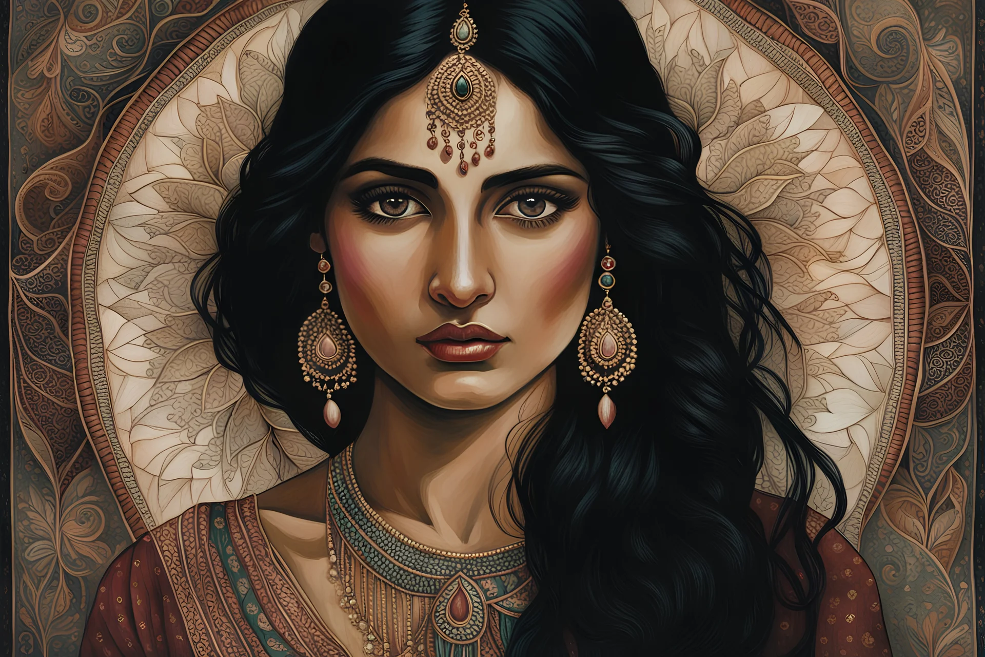 Painting of a beautiful Indian woman with black hair, big bright almond-shaped eyes, dark and moody quality, fantasy art, digital art, delicate lines and textures, realistic and dreamy art, art with imaginative motifs, painting ink, acrylic , depressive art, vintage, fairy tale, patchwork, storybook detailed illustration, high angle, dynamic poses, magical substances, fantastic landscapes, surrealism, cinematic, strong shadows, vivid colors, rich colors, light and shadow, dystopian setting