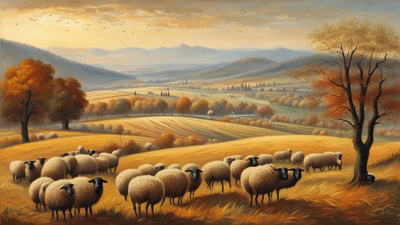 AUTUMN LANDSCAPE OF WHEAT FIELDS WHERE A Flock OF SHEEP GRAZES, THERE ARE SOME SMALL TREES WITHOUT LEAVES AND THE SHEPHERD IS GEEMED IN THE BACKGROUND, HEIDELBERG SCHOOL STYLE