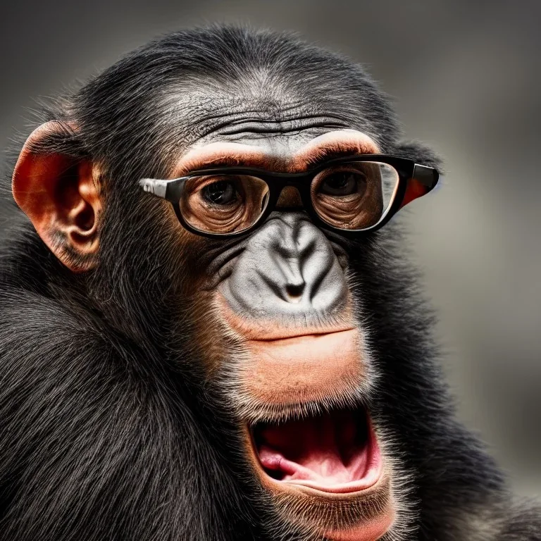 a crazy chimp in eyeglasses stands on a mountain, realistic, midjourney, dramatic light, close up, smoky background, cinematic