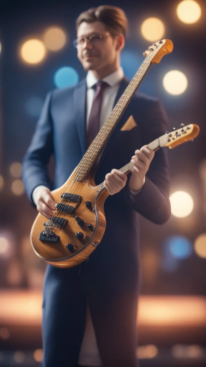 a bass guitar incorporated in a suit, bokeh like f/0.8, tilt-shift lens 8k, high detail, smooth render, down-light, unreal engine, prize winning