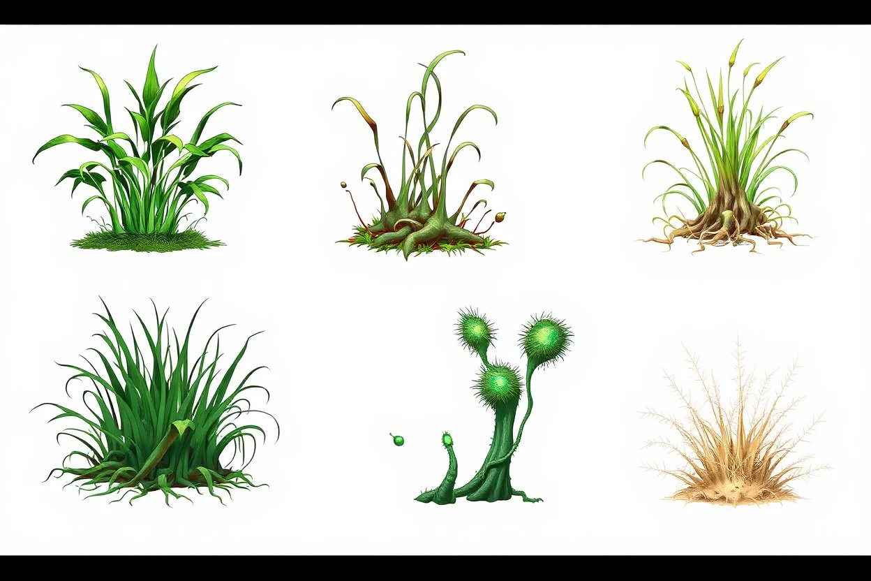 "Isolated concept art of multiple types of alien grass on a plain neutral background. Designed for different biomes: Forest biome – lush, dense, tall grass with strange broad blades, glowing tips, and twisted leaves. Swamp biome – slimy, wet, moss-like grass with tangled roots, bioluminescent details, and spongy textures. Desert biome – dry, spiky, brittle grass with sharp edges, thorn-like blades, and pale dusty colors. Each grass type should have a unique silhouette and texture.